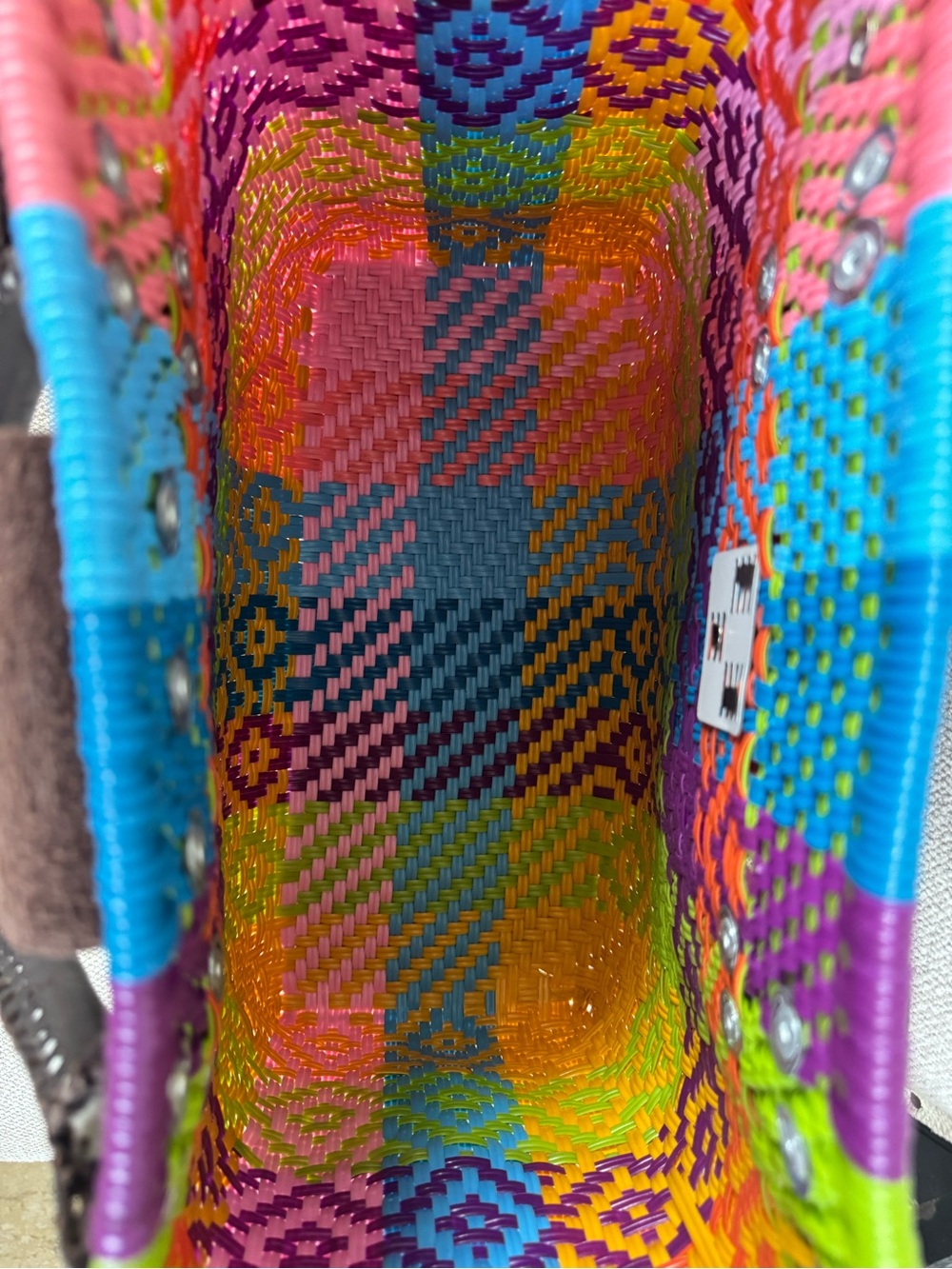 Artisan Woven Tote Bag multicolor with Dark Brown Handles - Picture 4 of 7